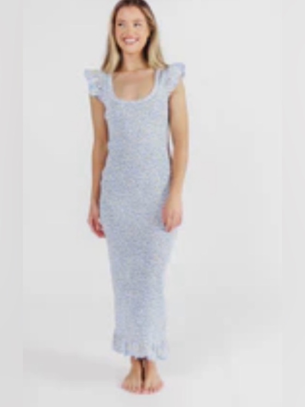 Sarah Smocked Midi Dress with Ruffled Eyelet Trim in Light Blue - Small